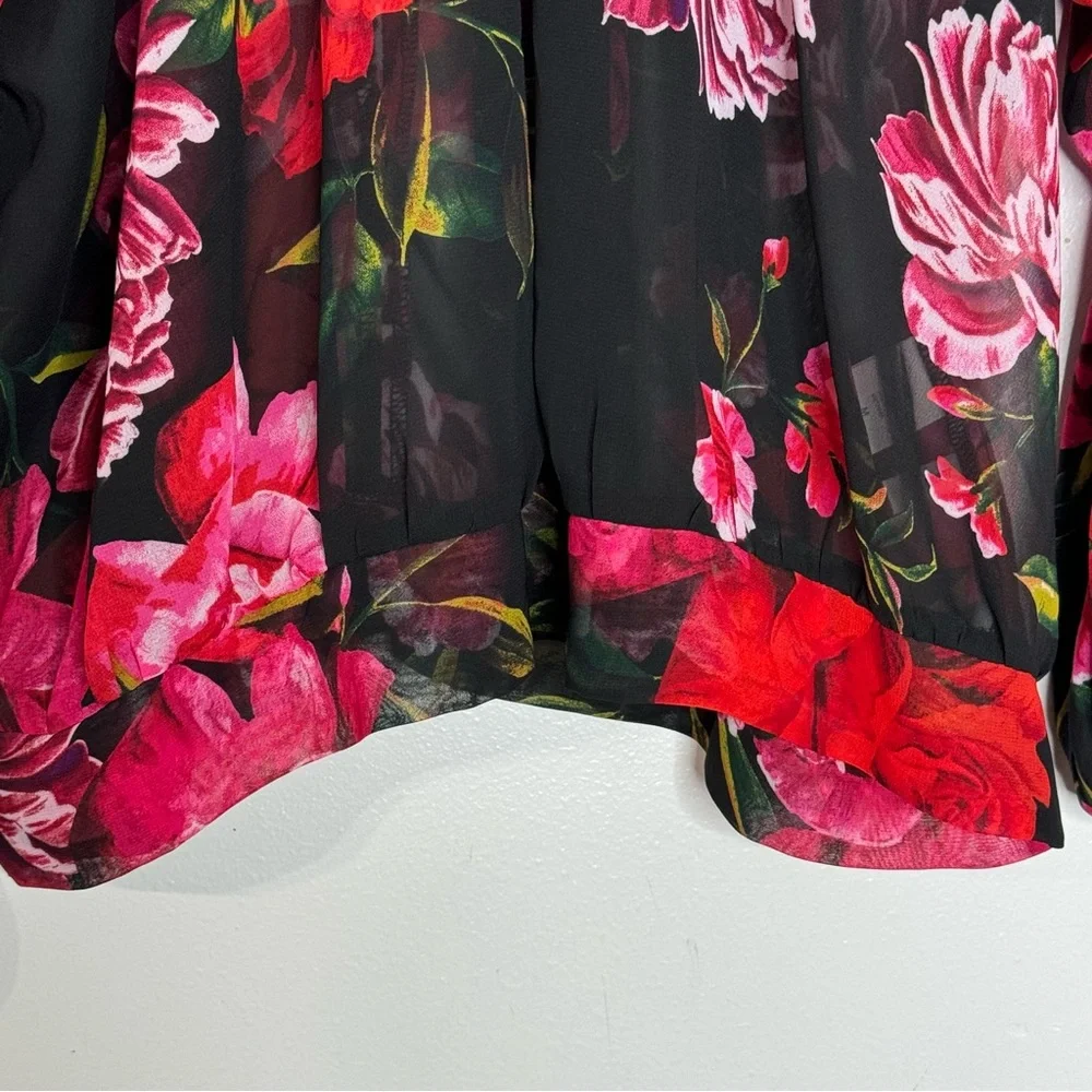 New York & Co 7th Avenue Design Studio Black & Pink Floral Print Sleeve Blouse - Picture 3 of 9